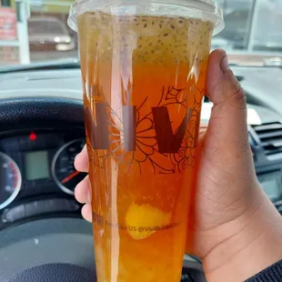 Peach fruit tea! It has chia and aloe chunks and jelly! Perfect refreshing drink for a sunny day!