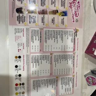 Boba tea menu
