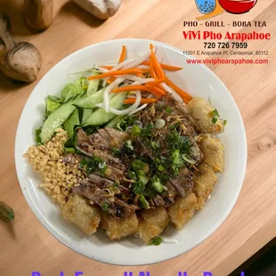 Pork and egg roll noodle bowl