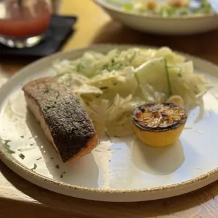 Pan Seared Salmon served with cucumber and fennel salad, and lemon vinaigrette.