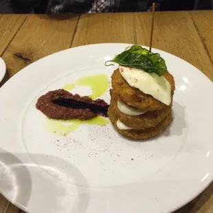 Warm caprese with fried green tomatoes and olive oil