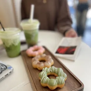 donuts ! green tea cookies and cream and strawberry