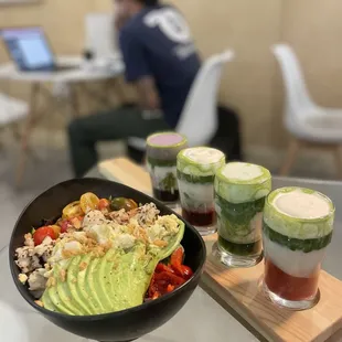 chicken salad with avocado and matcha flight
