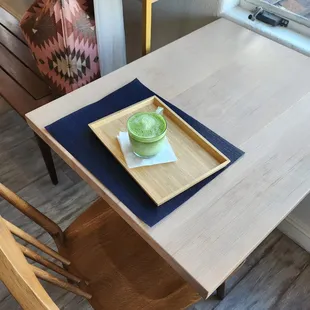 Matcha with agave and oatmilk. Good.