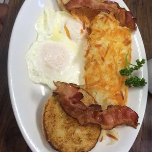 2 bacon, 2 eggs, muffin and hash brown