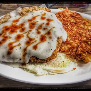 Chicken fried steak and eggs
