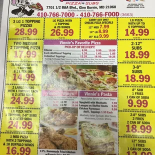 a menu for a pizza restaurant