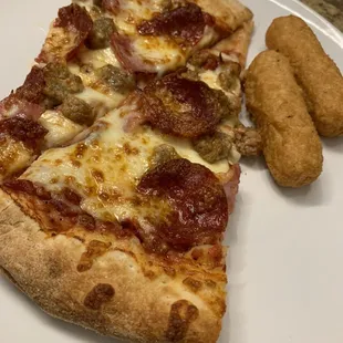 Mozzarella sticks and Meat Lovers Pizza