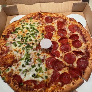 Large pizza 1/2 green peppers and 1/2 pepperoni