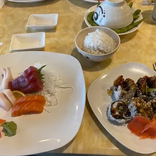 Sashimi lunch on the left and the spider roll on the right