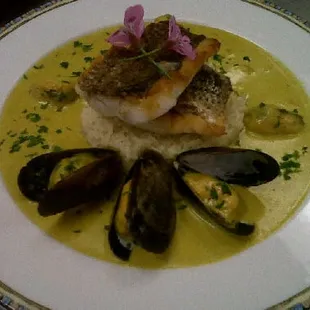 Seared Sea Bass and Mussels in Saffron Cream Sauce.