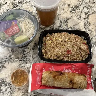 Egg rolls, fried rice, pho