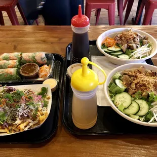 Loaded nori fries (pulled pork), Shrimp Spring Rolls, chicken bowls