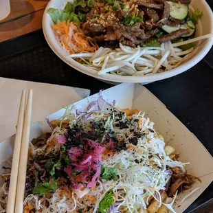 Loaded fries and beef rice noodle bowl