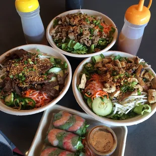 Beef, Pork, Chicken and spring rolls