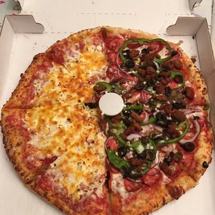 Half Quattro cheese and half deluxe