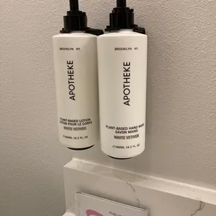 Apotheke lotion and soap provided, along with makeup wipes