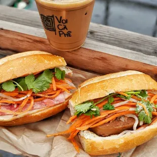 Cafe sua da and mini dac biet and spam and egg banh mi