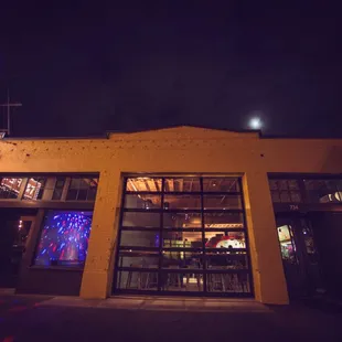 the outside of the building at night