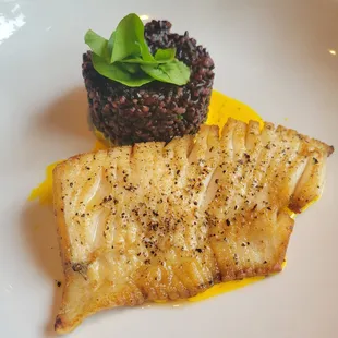 Seafood special - perfectly flaky fish, saffron sauce and black rice