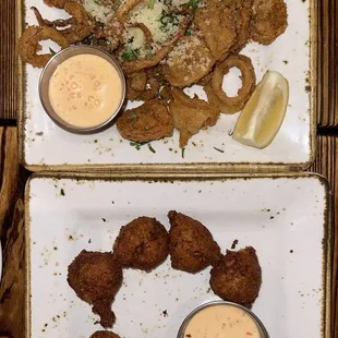 CRISPY CALAMARI (top) &amp; CRAB HUSH PUPPIES (bottom)