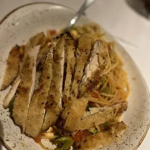 Spaghetti al Pomodoro added breaded chicken and broccoli