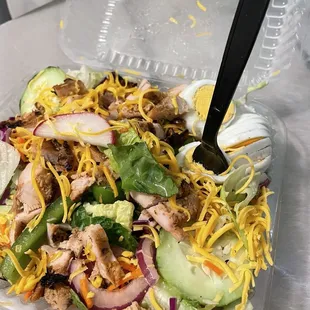 Carrots, radishes, cheddar cheese and eggs...IN A GREEK SALAD!!!  WTF?!?!?