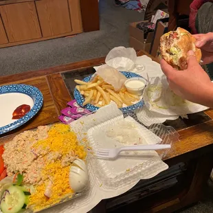 Volcano To Go! Tuna Salad, Double Cheeseburger &amp; Fries.