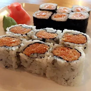 Spicy tuna roll (front) and salmon roll (back)