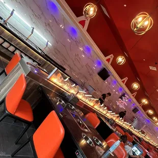 a view of a restaurant counter