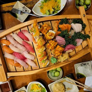 a boat full of sushi