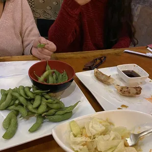 Edamame, 6 Piece Gyoza, side salad