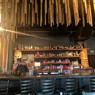 a bar with wooden bar stools