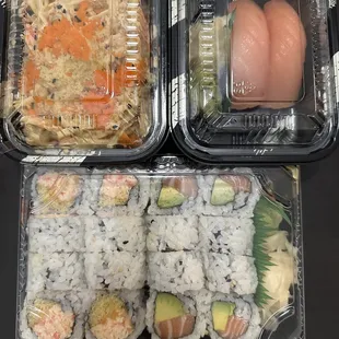 Spicy Kani Salad (top left), Smoked Salmon sushi (top right), Spicy Crab Roll (bottom left), Salmon Avocado Roll (bottom right)
