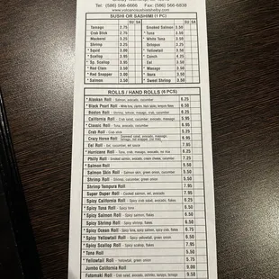 Sushi round menu