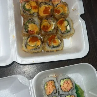 Ordered takeout, Fire Cracker Roll, Spicy California, Dennys Roll