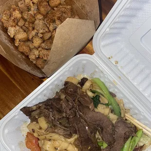 Popcorn Chicken (extra spicy)  Stir Fried Shaved Noodle (beef brisket)