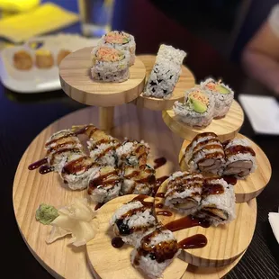 Chicken Teriyaki Roll, Spicy California Roll, Shrimp Tempura Roll