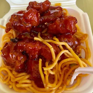 Volcano chicken on noodles