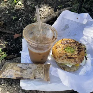 Cold Brew, Granola Bar &amp; Turkey Sausage on Everything Bagel