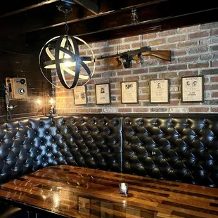 leather booth with wooden table