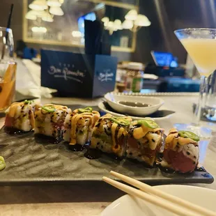 Pressed tuna sushi, old fashioned, peach julep