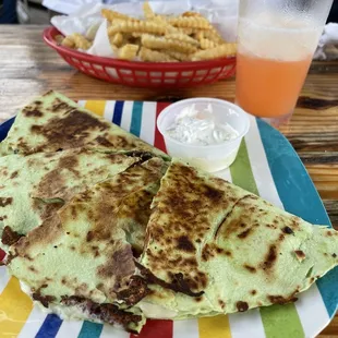 The Greek Quesadilla. I would recommend chicken or shrimp.  The gyro meat was quite greasy and the flavors didn't blend well for me.