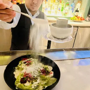 The creativeness with the wedge was great the frozen Gorgonzola , and tomato puree added depth.