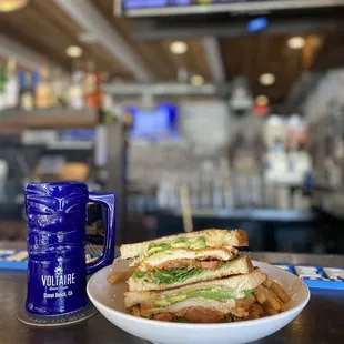 a plate of food on a bar