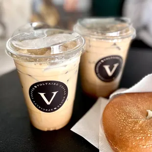 (left to right) Caramel latte, Nutella latte and a plain bagel with cream cheese