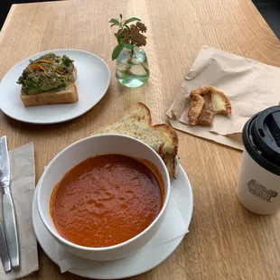 Soup, avocado toast, matcha latte, and a mostly eaten apple galette