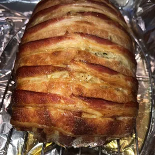 bacon wrapped sausage stuffed pork roast loin