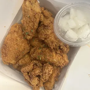 Soy garlic, medium spicy with a side of radish