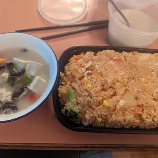 Tom kha with tofu, pineapple fried rice with vegetables